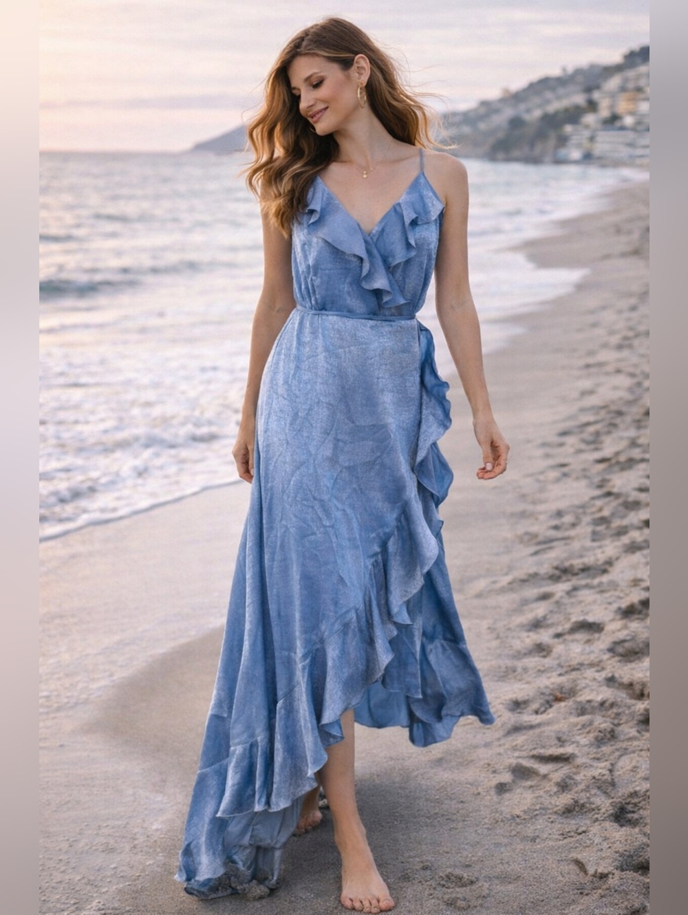 Flying Tomato Blue Ruffle Maxi Dress Boho Wrap High Low Open Back L